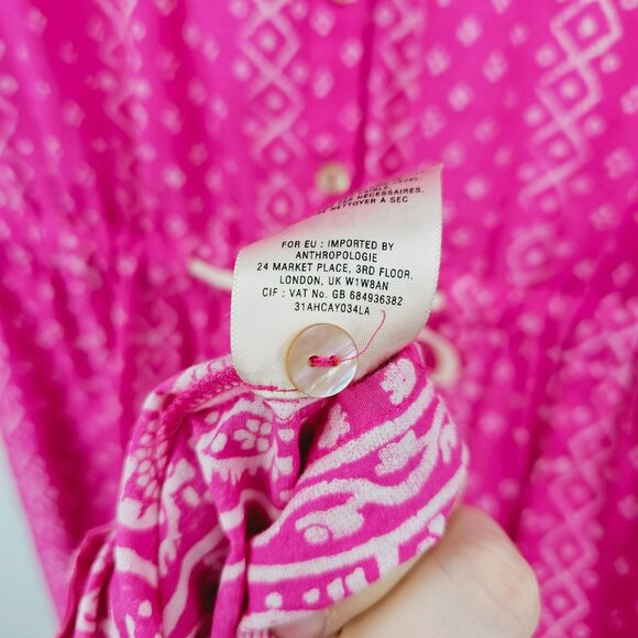 Anthropologie Meadow Rue Shirtdress 8 Pink White Anila Long Roll Tab Sleeve Boho - Picture 10 of 14